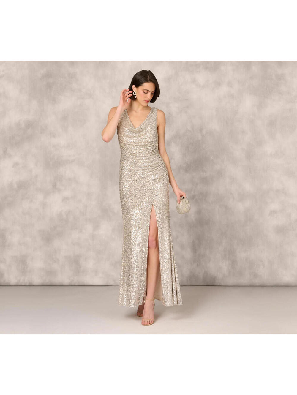 $495 Aidan Mattox Stretch Sequin Sleeveless Cowl Neck Gown | Champagne Silver 6